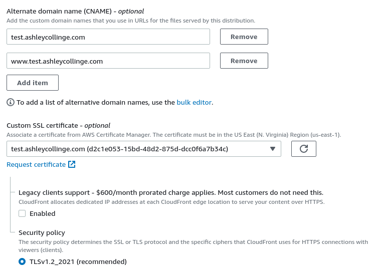 Image of the custom CNAMES and newly added SSL cert