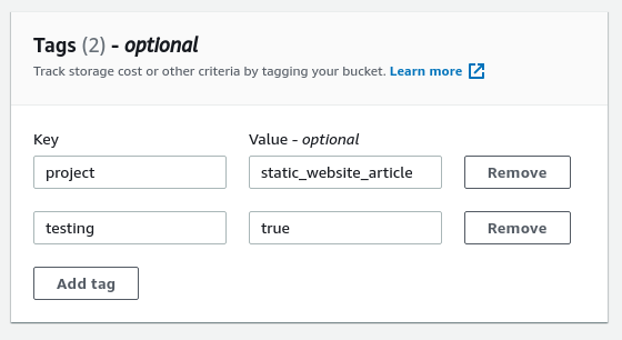 initial s3 config page, showing tags
